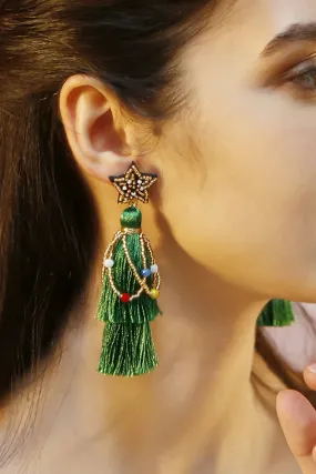Precious Green Tassel Star Earrings