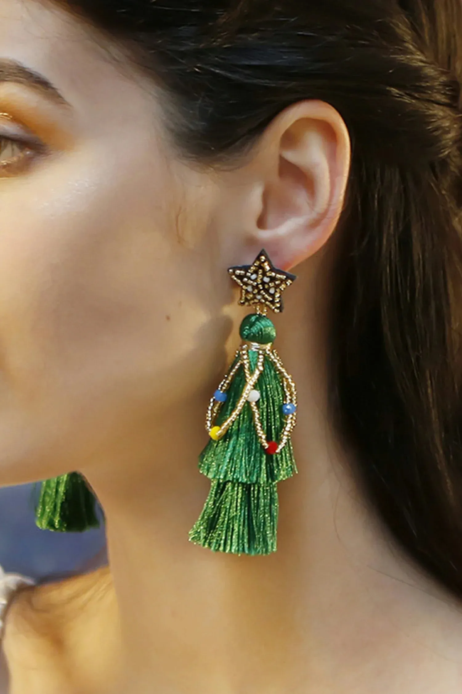 Precious Green Tassel Star Earrings