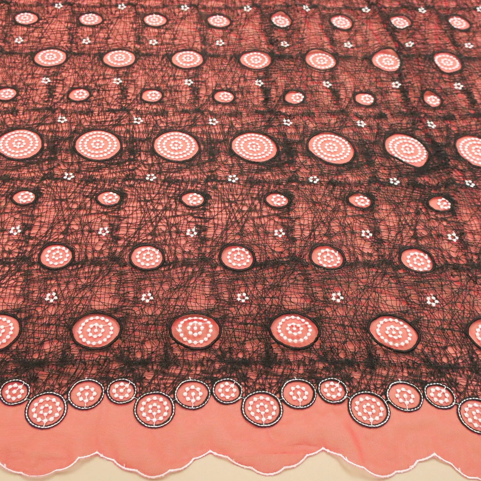 Red Tulle with 3D Black Web Double Scallop Design  Embroidered  Fabric