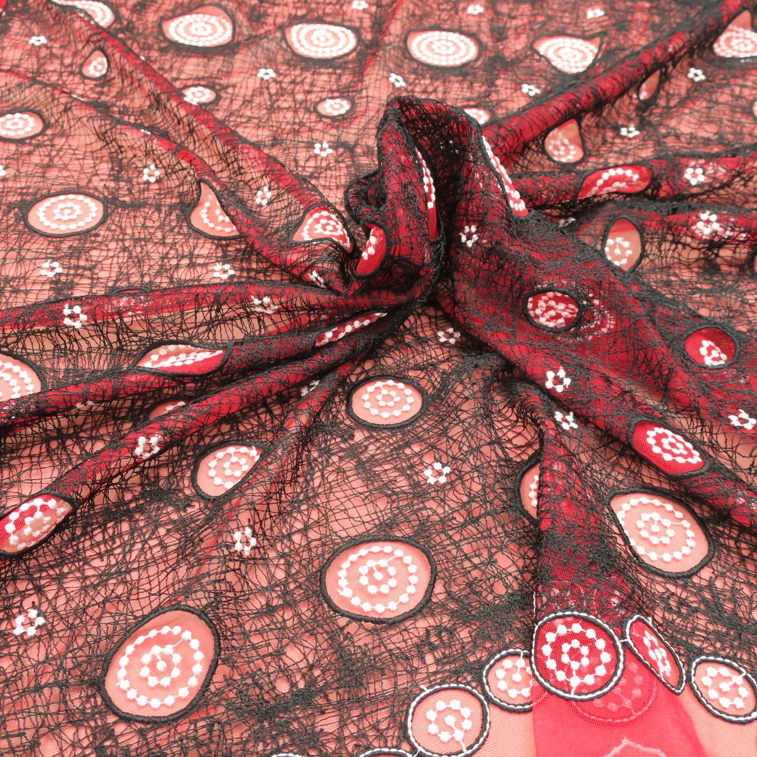 Red Tulle with 3D Black Web Double Scallop Design  Embroidered  Fabric