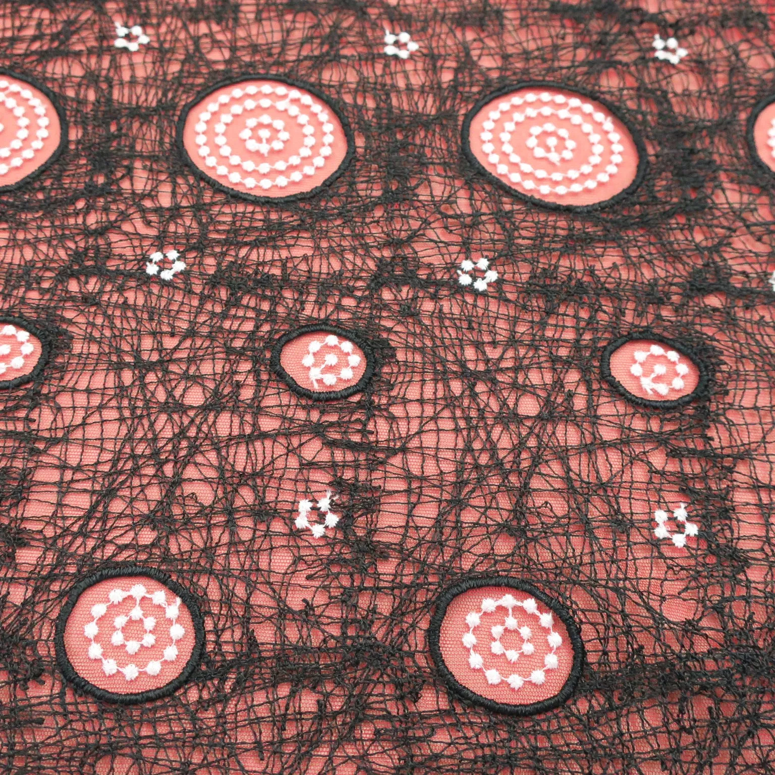 Red Tulle with 3D Black Web Double Scallop Design  Embroidered  Fabric