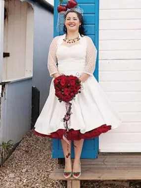 Retro Short Country Wedding Dress Tea Length Halter 50s Wedding Dress with Polka Dot Bolero
