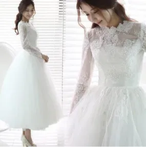 Retro Style Long Sleeve Lace Tulle Full Circle Tea Length Wedding Dress