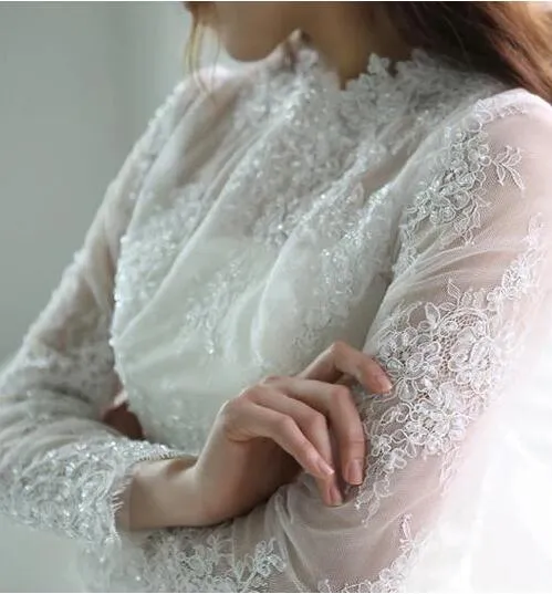 Retro Style Long Sleeve Lace Tulle Full Circle Tea Length Wedding Dress