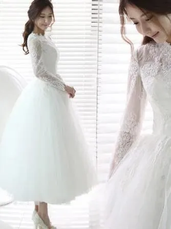Retro Style Long Sleeve Lace Tulle Full Circle Tea Length Wedding Dress