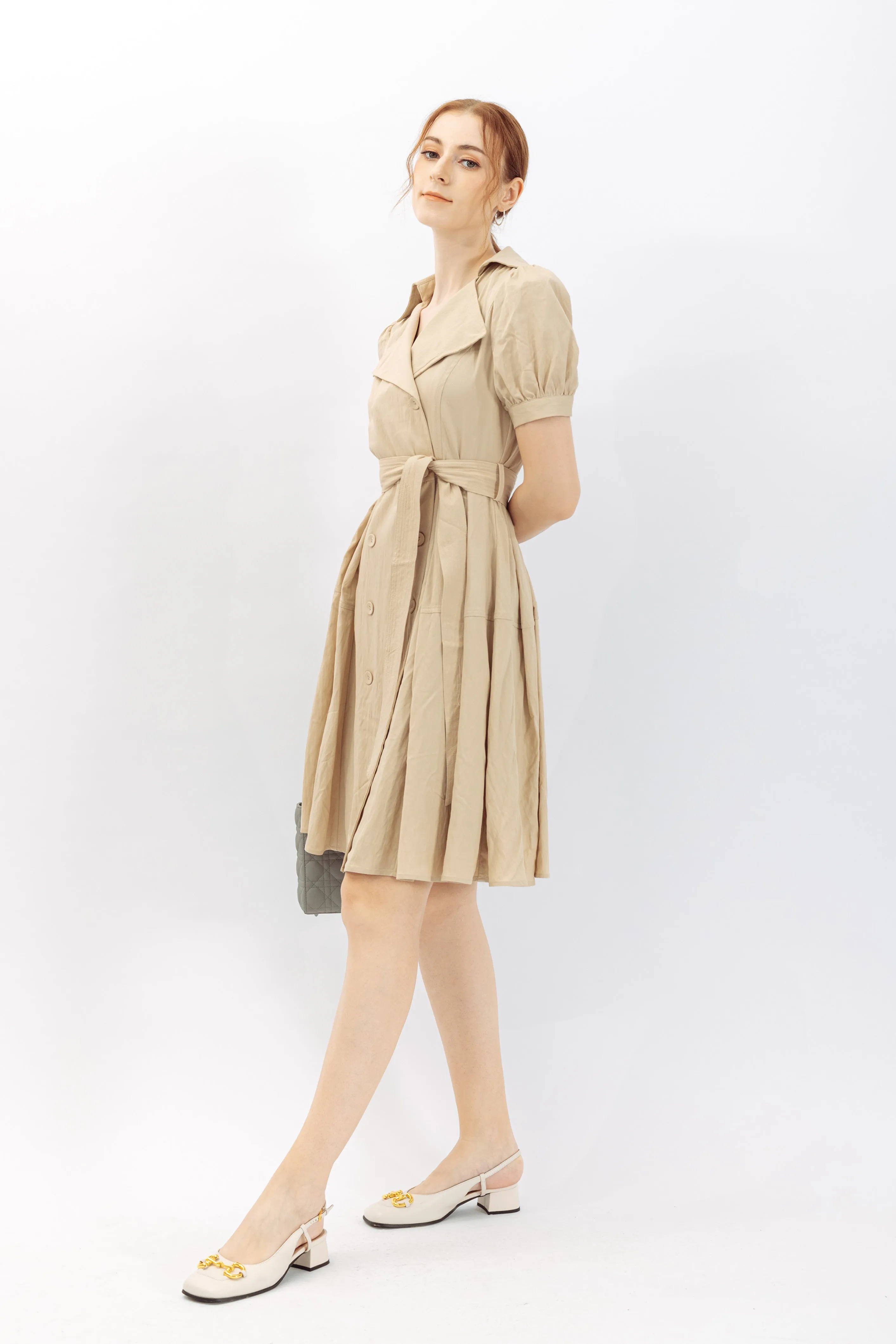 Rochelle Notched Lapel Self Tie Midi Dress