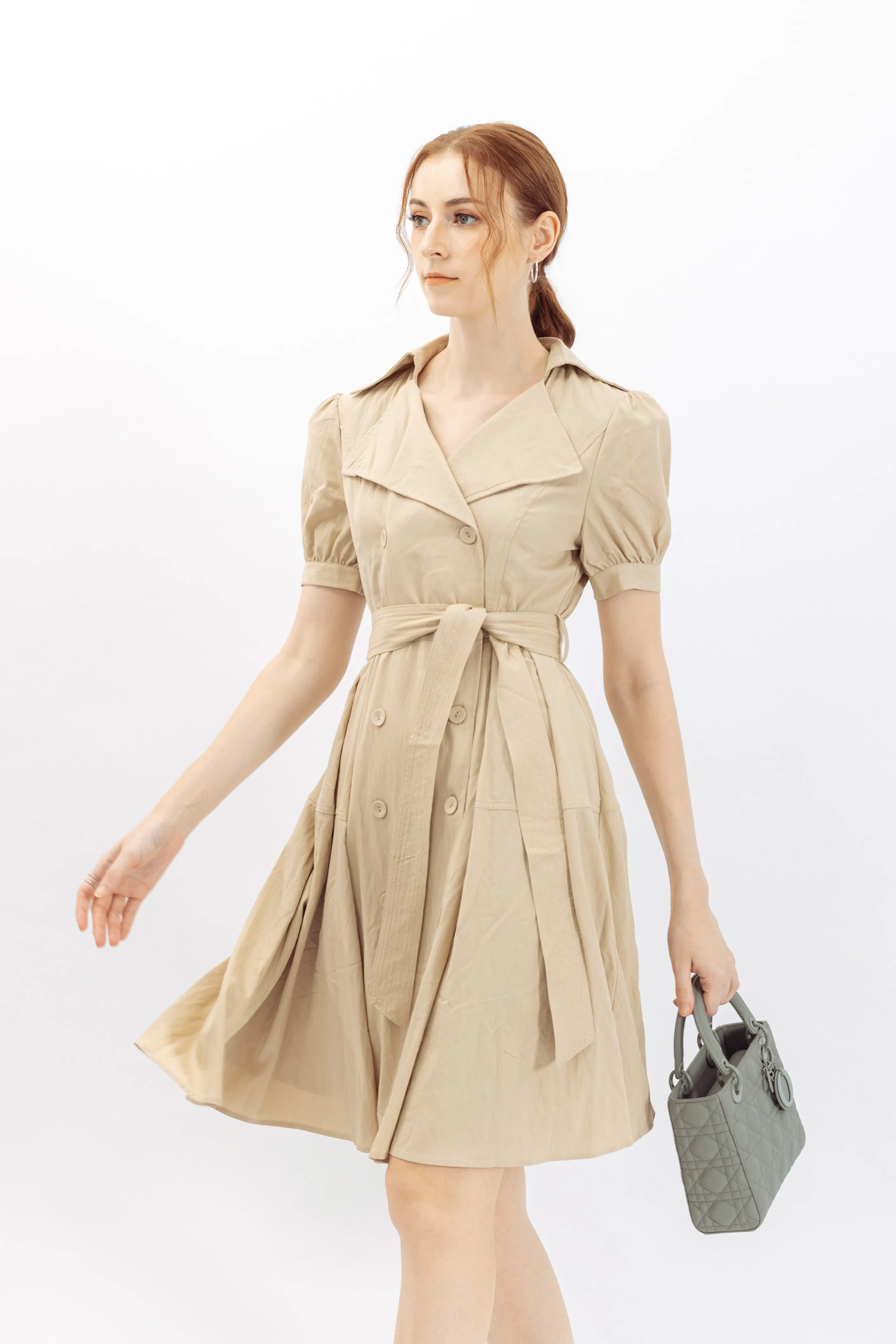 Rochelle Notched Lapel Self Tie Midi Dress