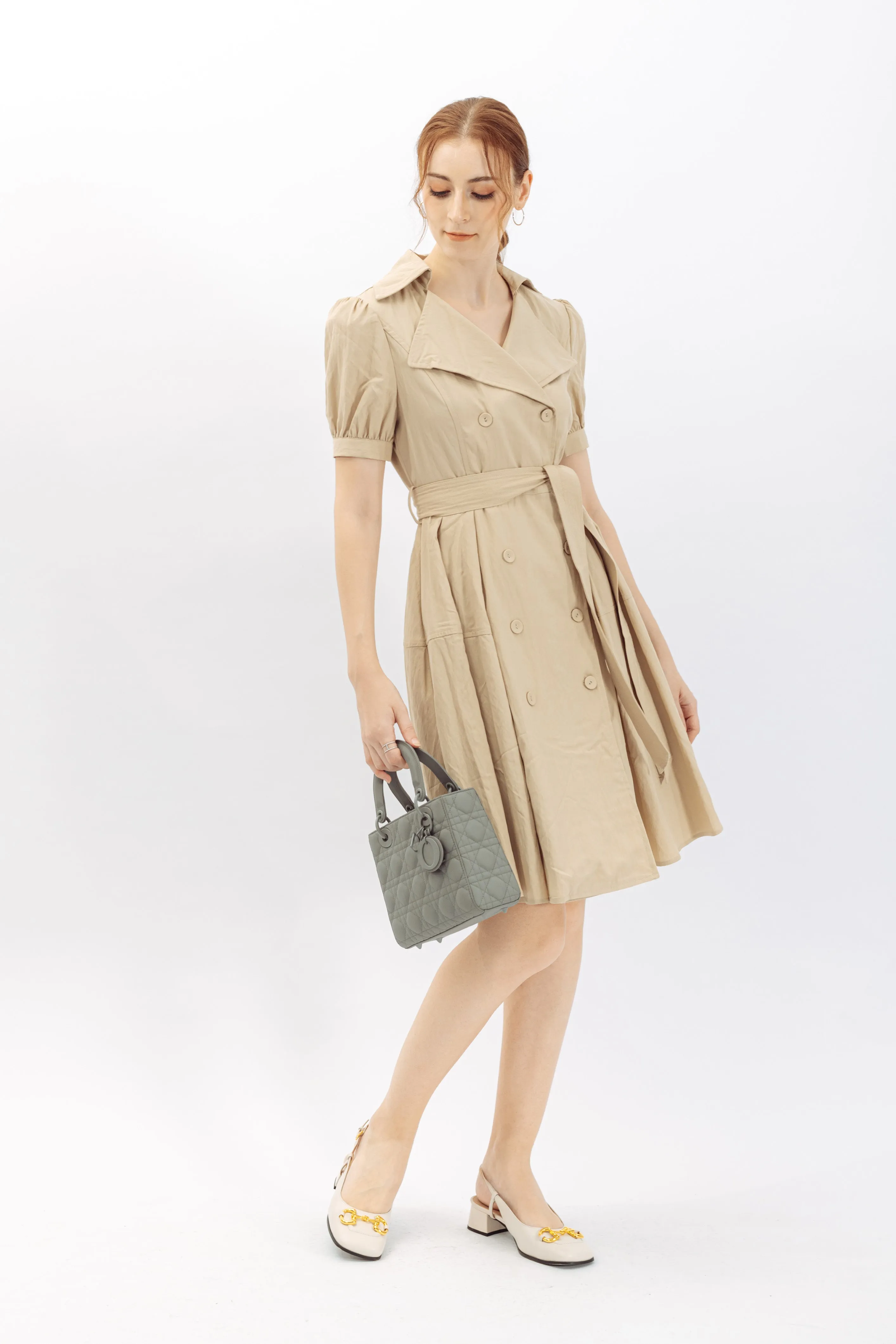 Rochelle Notched Lapel Self Tie Midi Dress