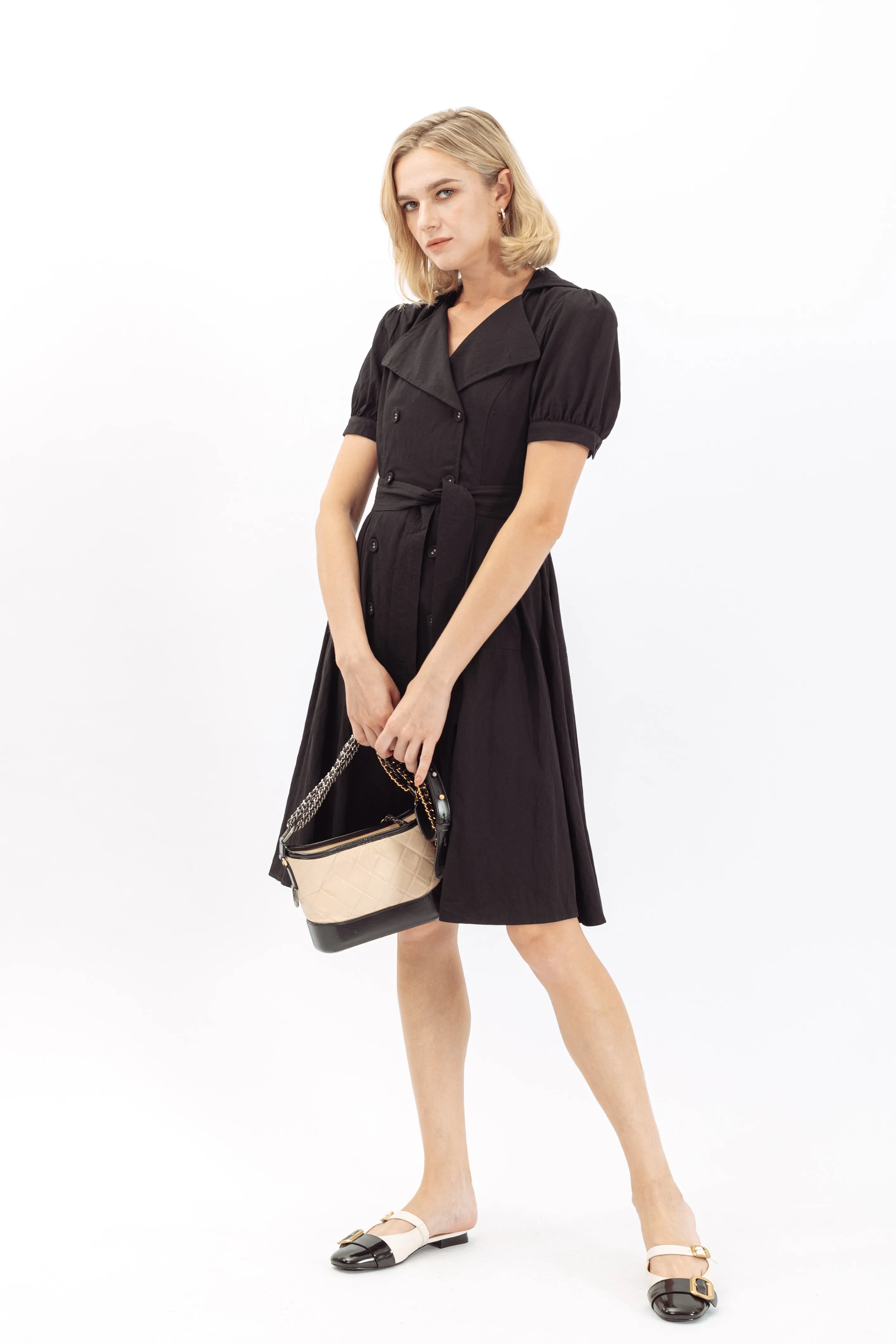 Rochelle Notched Lapel Self Tie Midi Dress