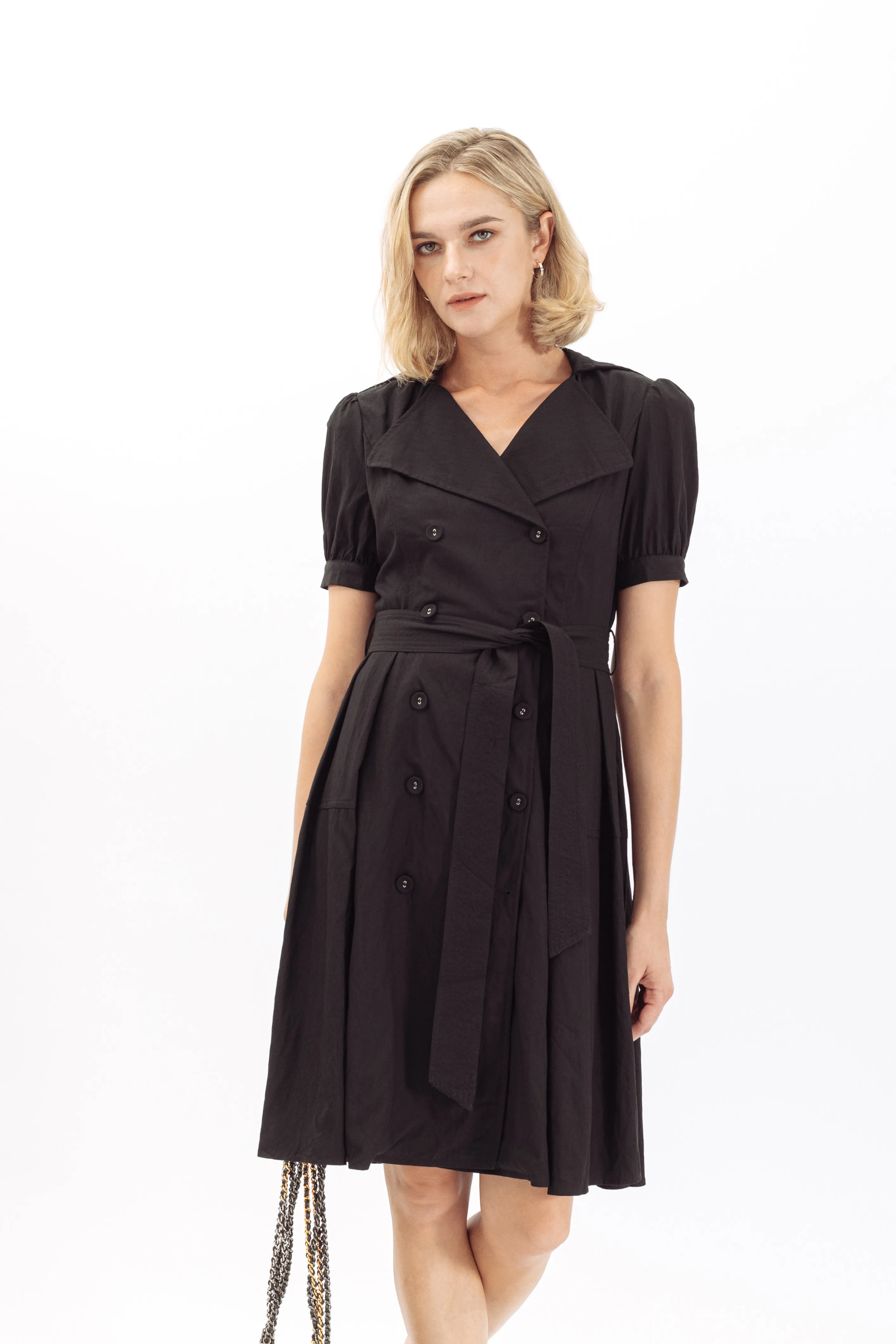 Rochelle Notched Lapel Self Tie Midi Dress