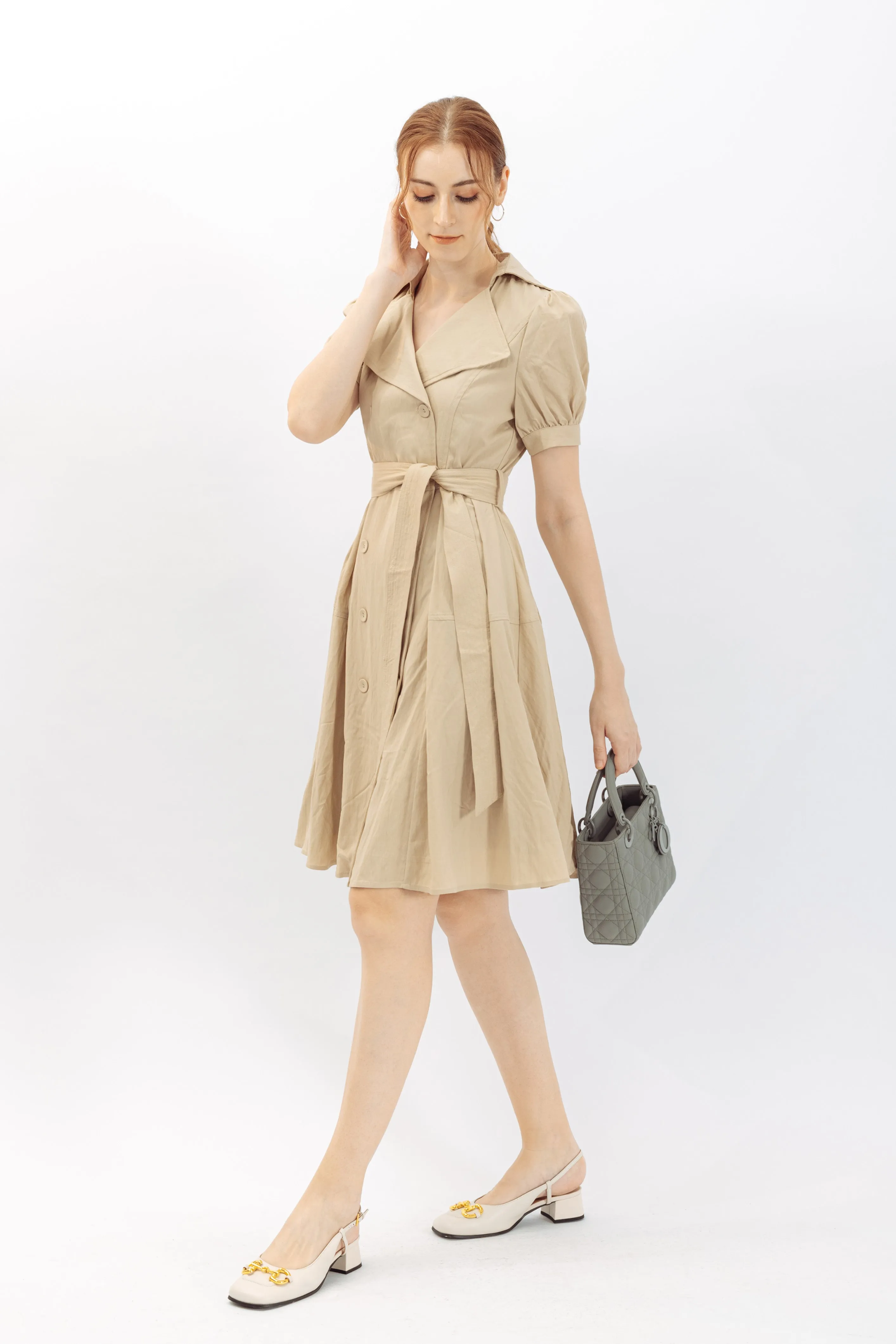 Rochelle Notched Lapel Self Tie Midi Dress