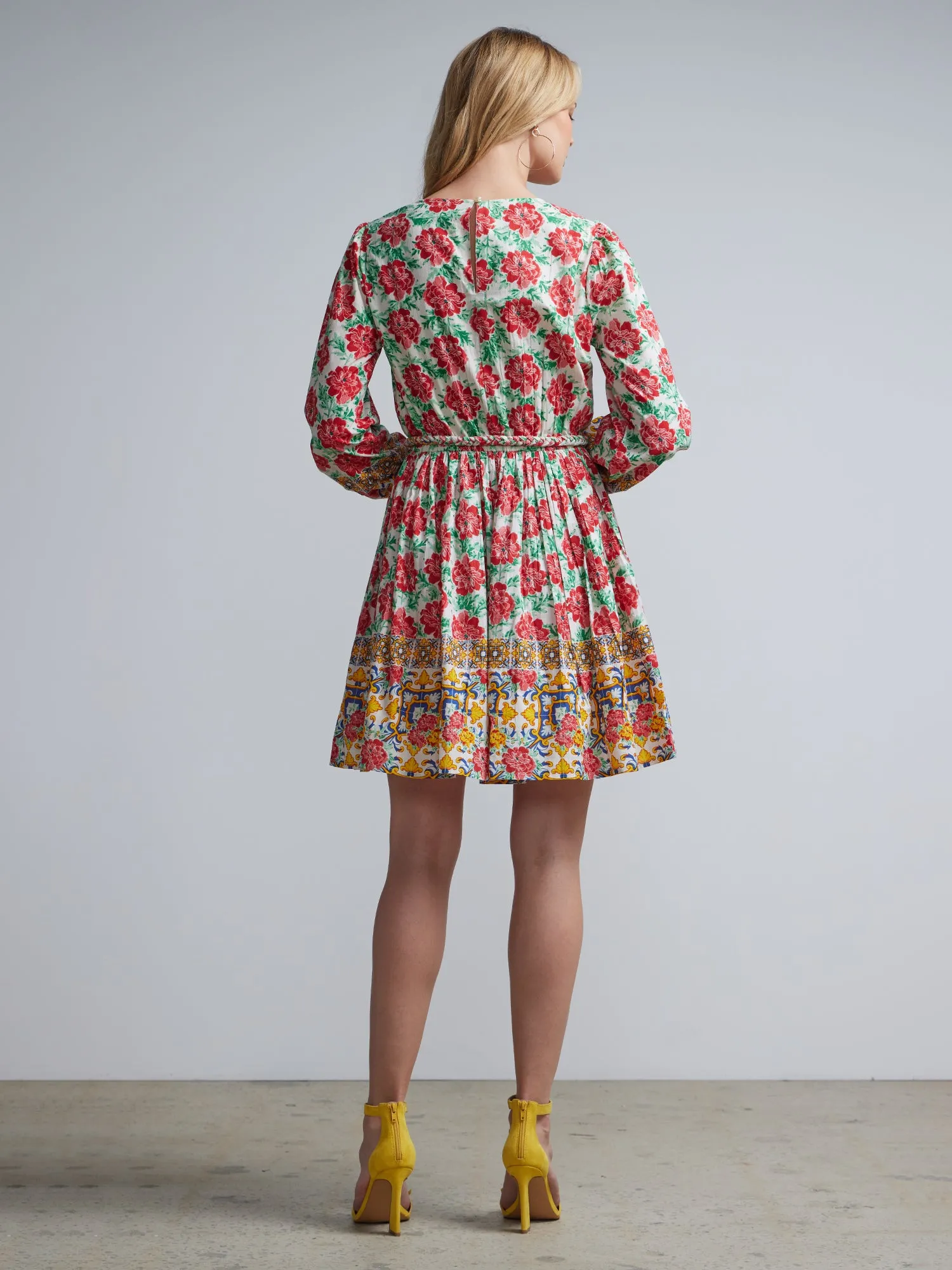 Rose-Print Tie-Waist Flare Dress