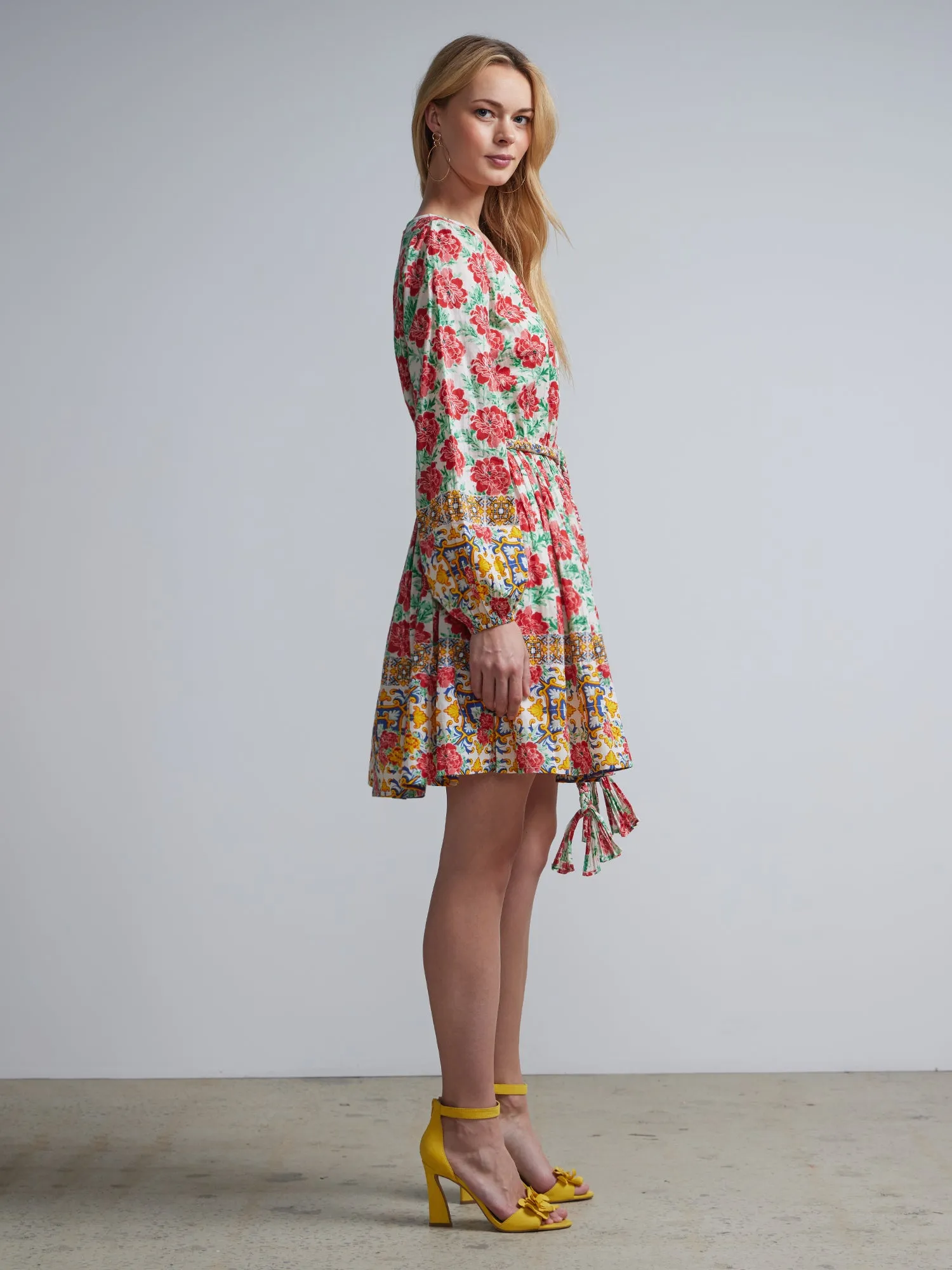Rose-Print Tie-Waist Flare Dress