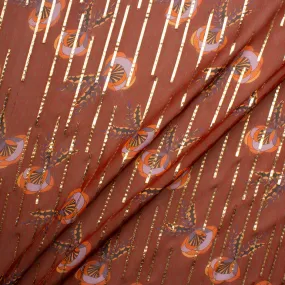 Rust Brown Floral Printed Metallic Silk Chiffon