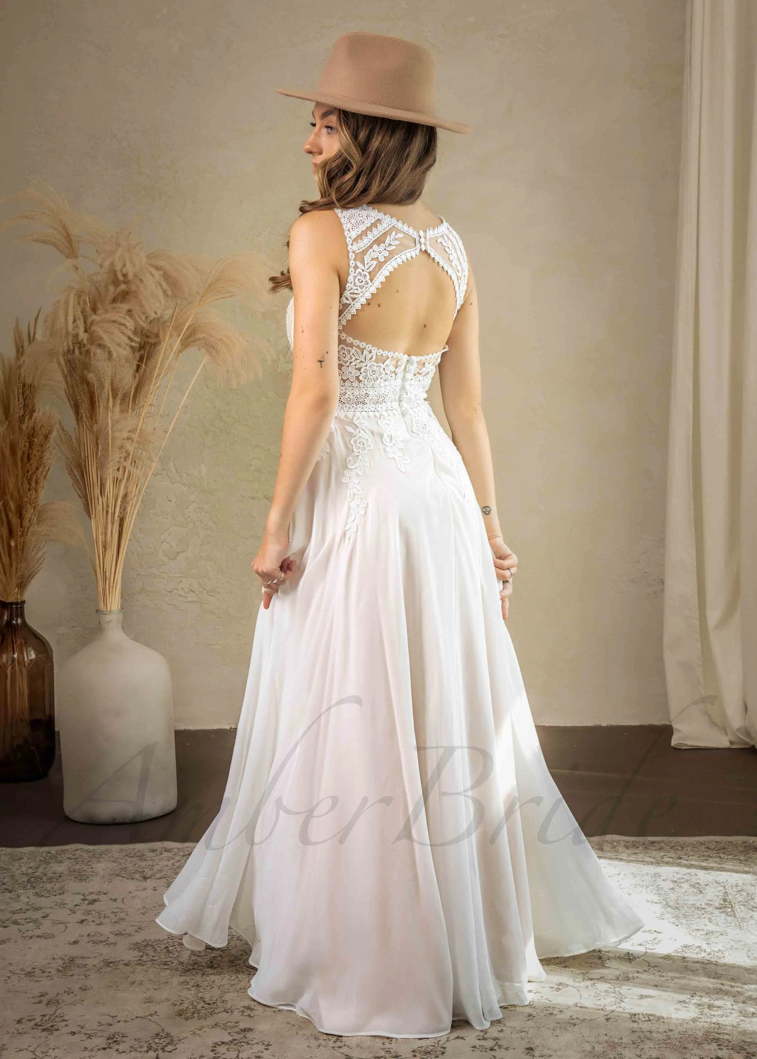 Rustic A Line Floral Wedding Dress with Flowy Chiffon Skirt