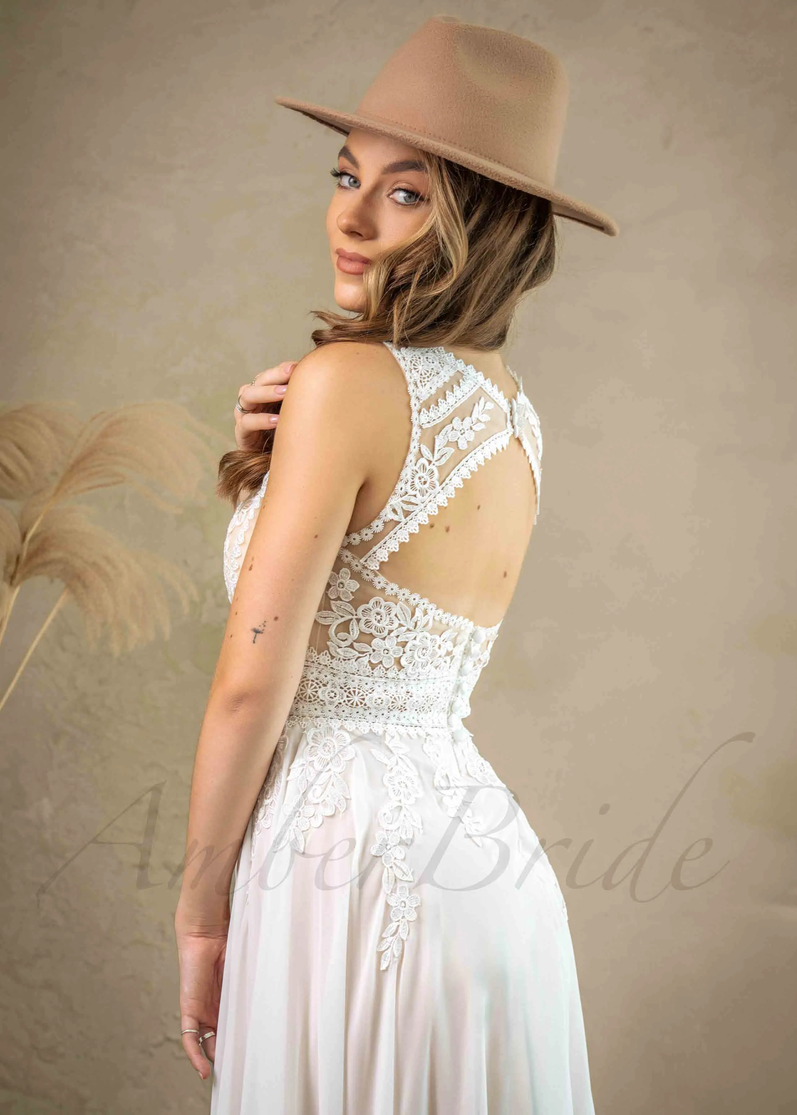Rustic A Line Floral Wedding Dress with Flowy Chiffon Skirt