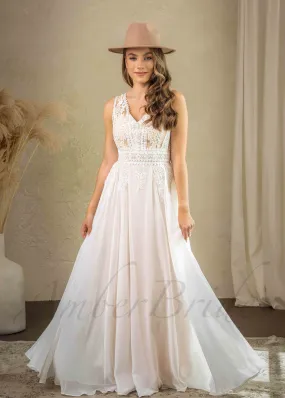 Rustic A Line Floral Wedding Dress with Flowy Chiffon Skirt