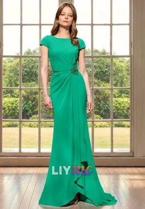 Scoop Short Sleeves Ruched Appliques Sheath Mother of Bride Dress Cocktail Dress