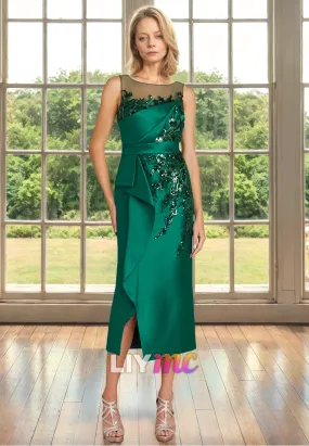 Scoop Sleeveless Pleeated Appliques Satin Sheath Mother of Bride Dress