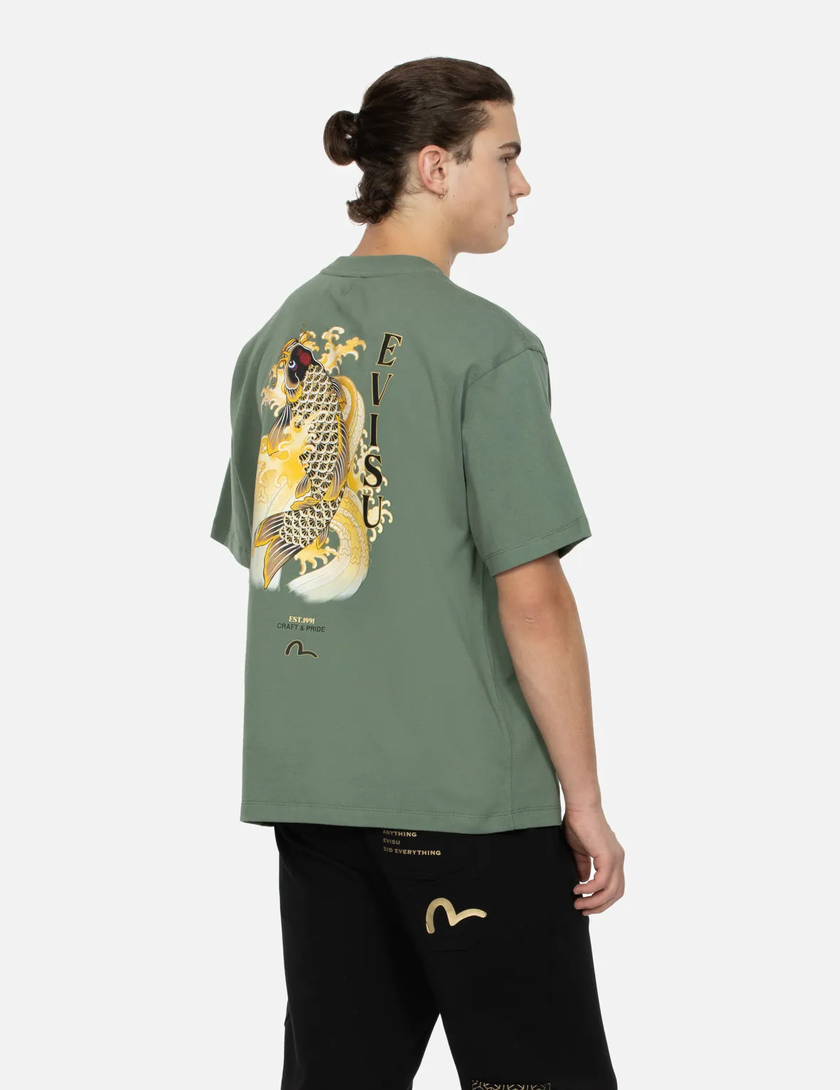 Seagull Embroidery and Carp Print Relax Fit T-shirt