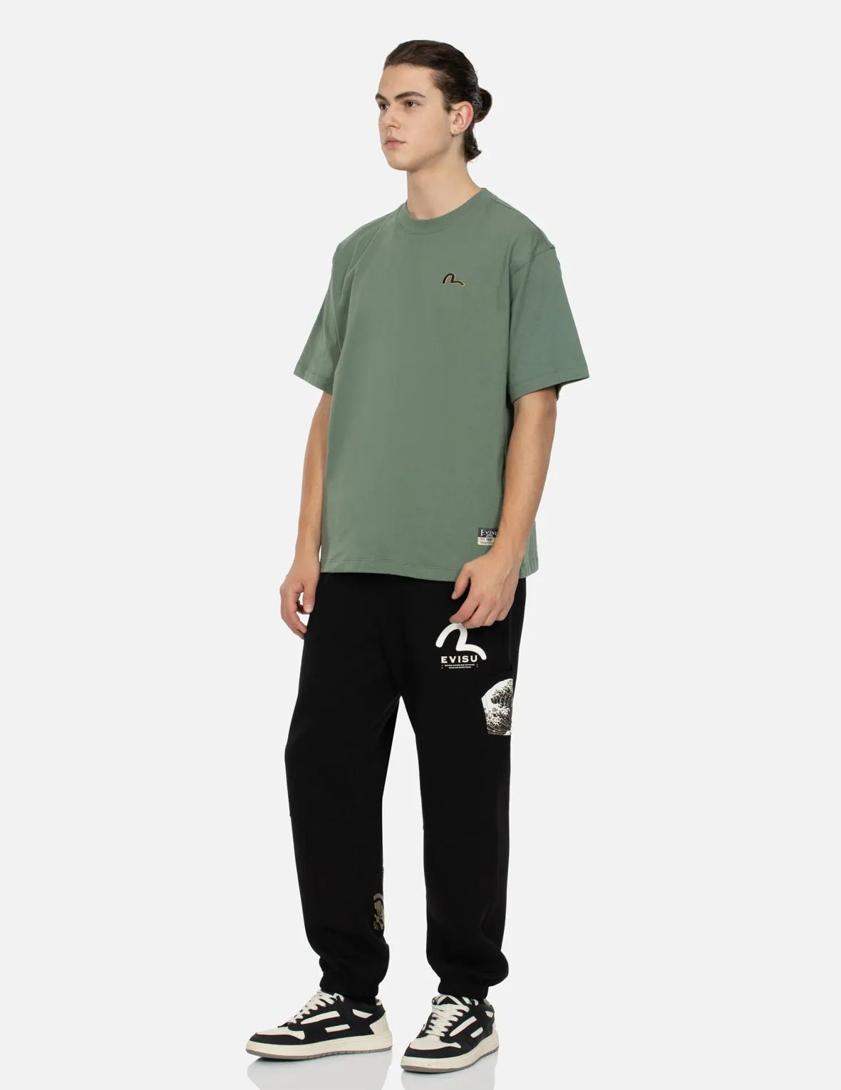 Seagull Embroidery and Carp Print Relax Fit T-shirt