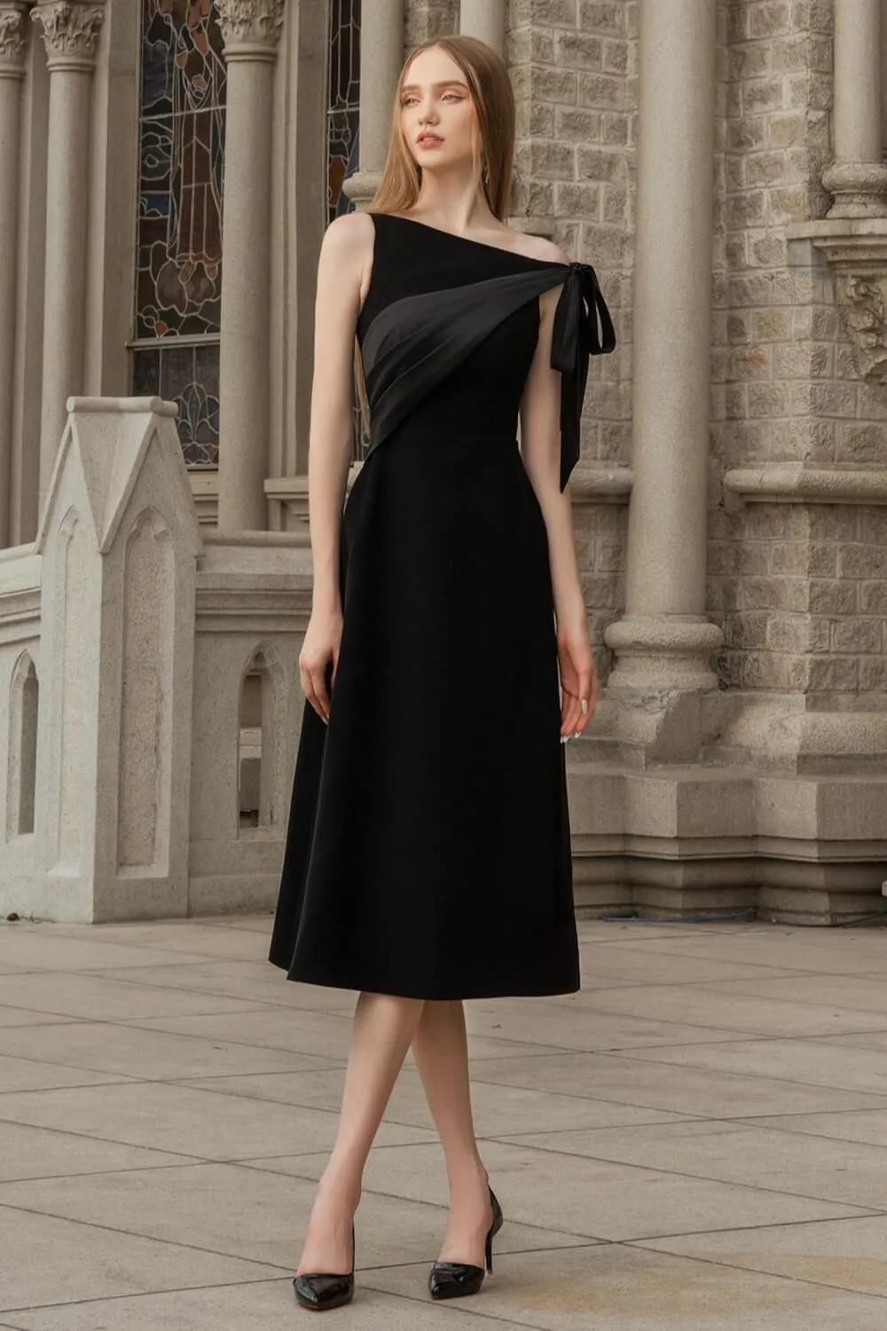 Sedum A-line Diagonal Neck Velvet Midi Dress