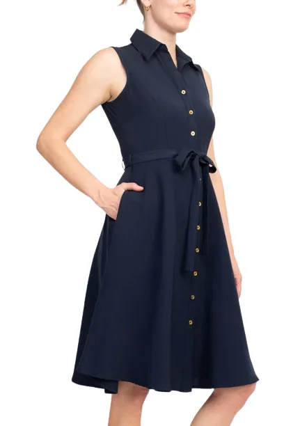 Sharagano Rayon Sleeveless Button Down Collar Shirt Dress With Pockets