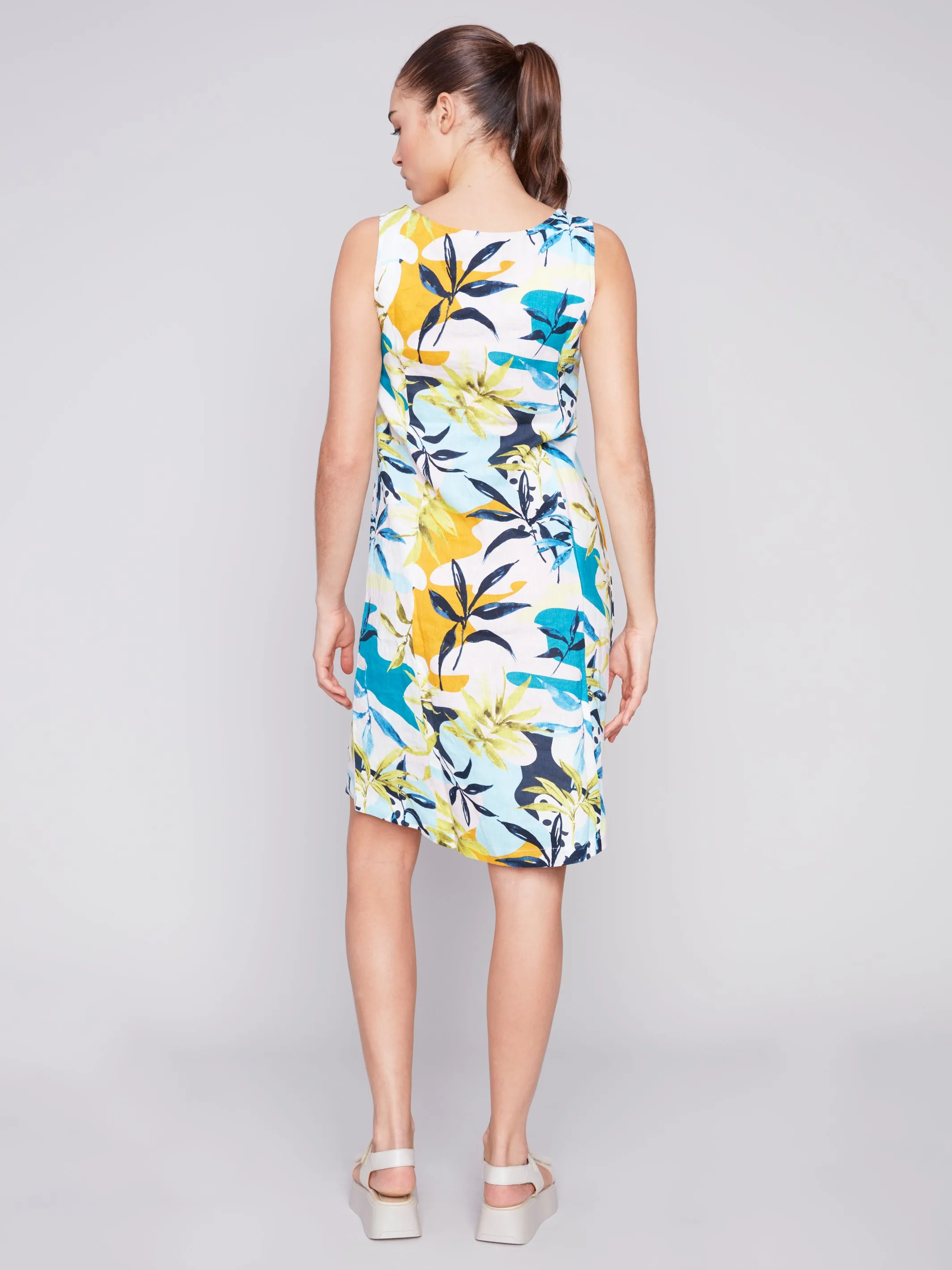 Sleeveless Printed A-Line Linen Dress