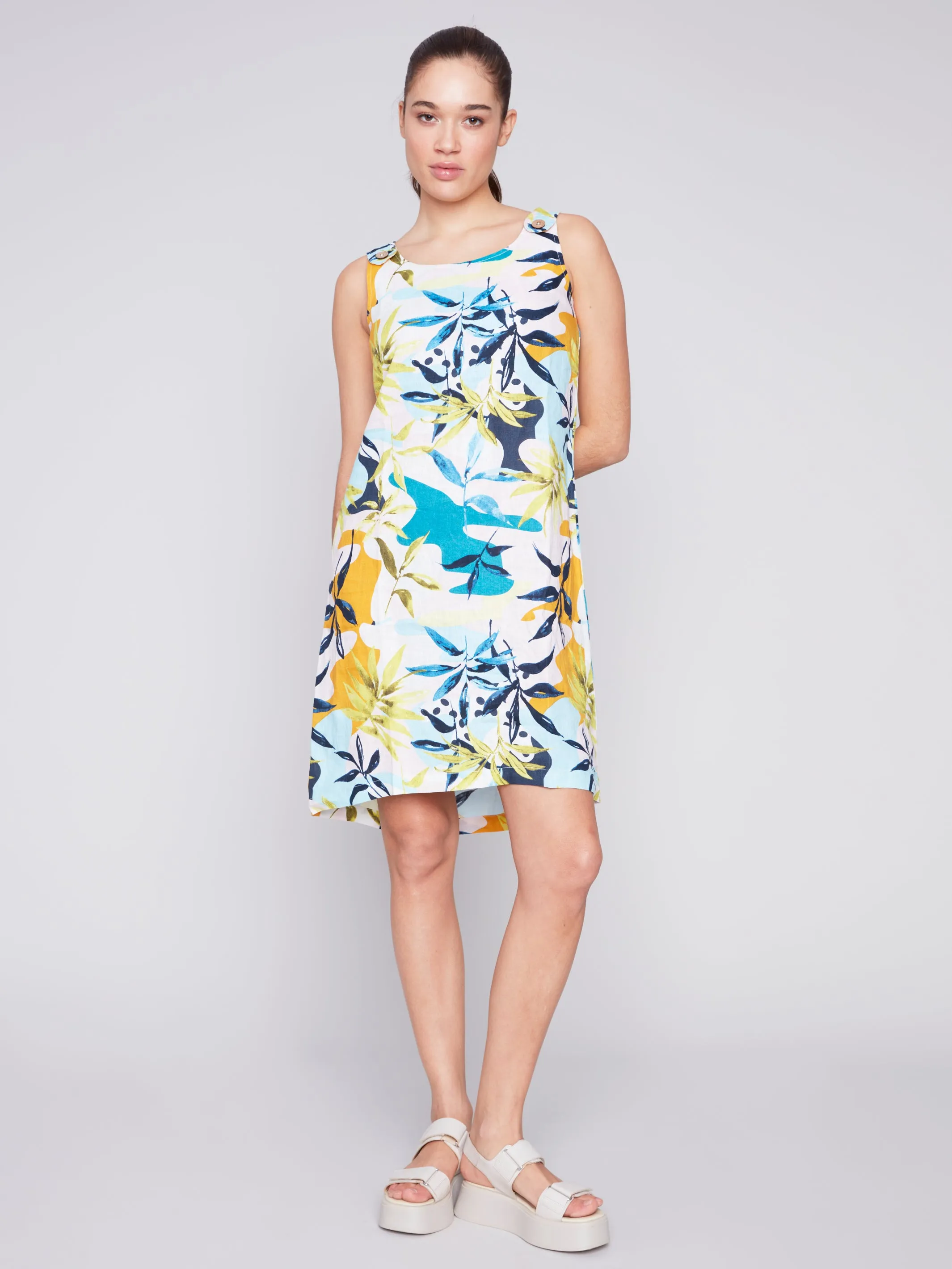 Sleeveless Printed A-Line Linen Dress