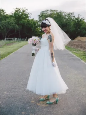 Strapless Country Style Tea Length Tulle Short 1950s Retro Wedding Dress
