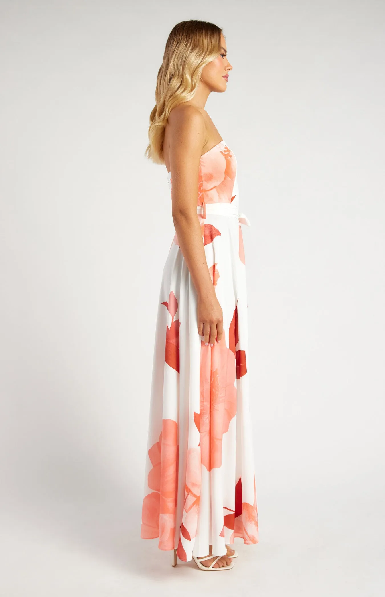 Strapless Floral Print Maxi Dress with Side Split