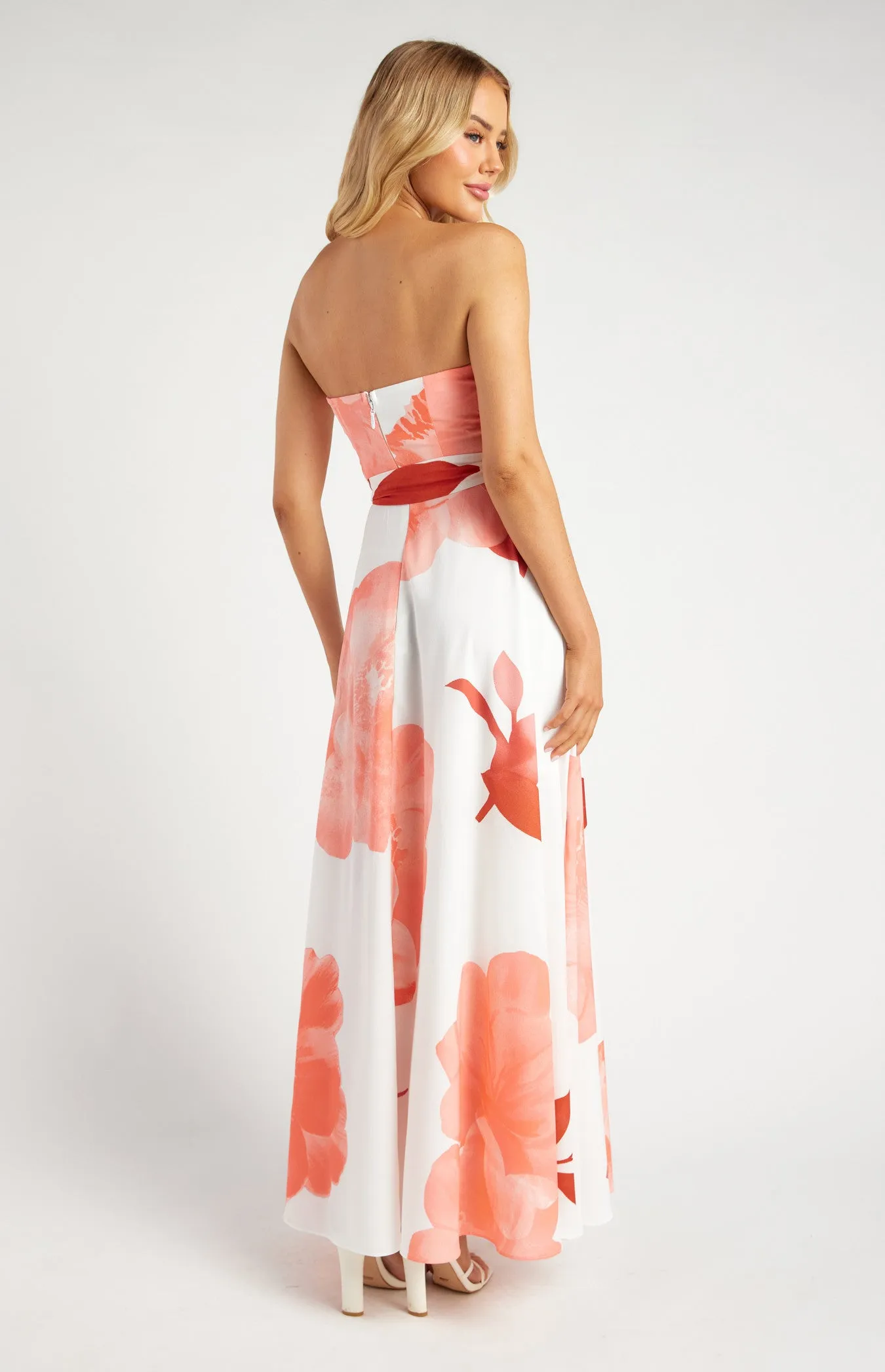 Strapless Floral Print Maxi Dress with Side Split