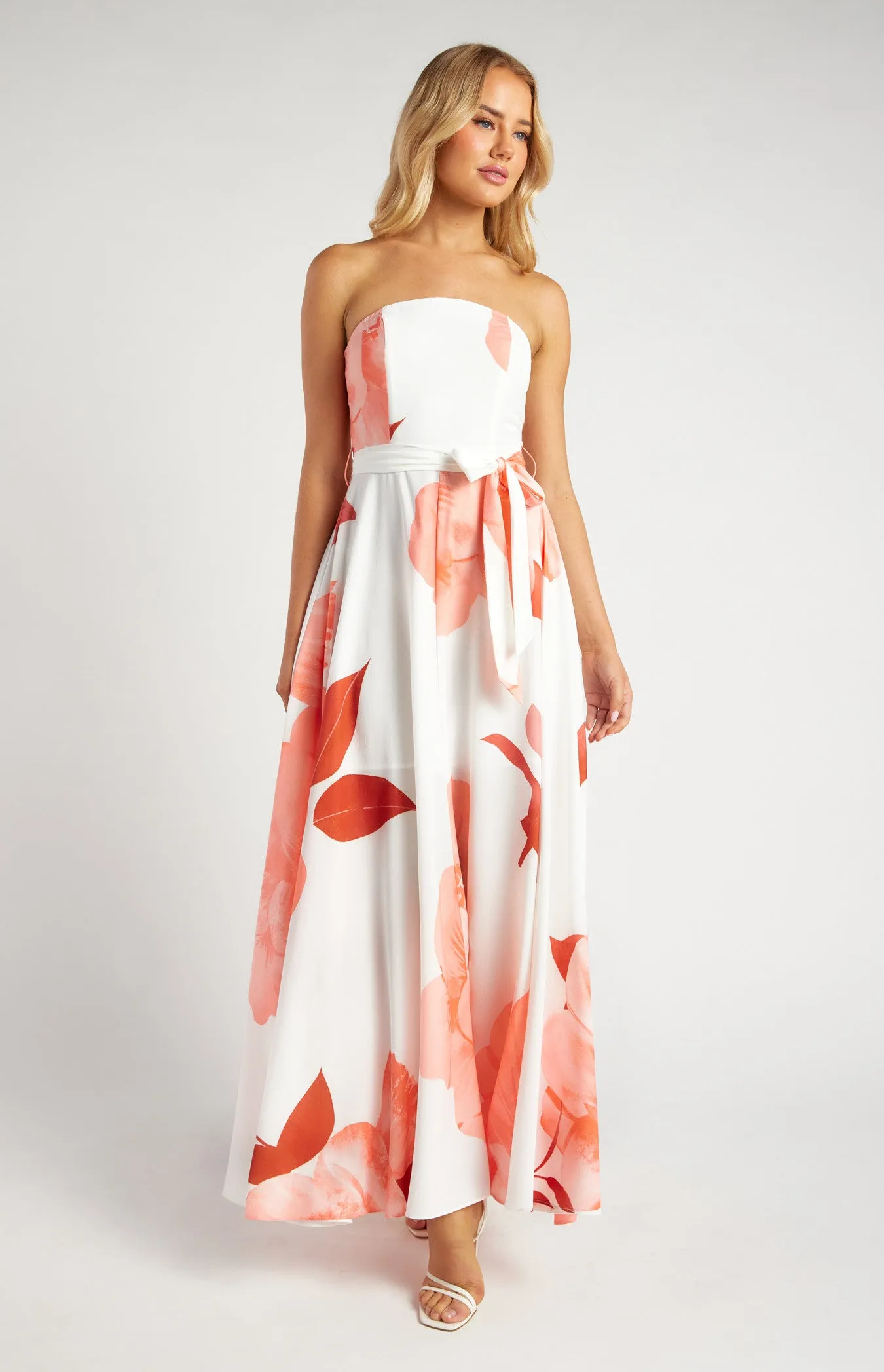 Strapless Floral Print Maxi Dress with Side Split