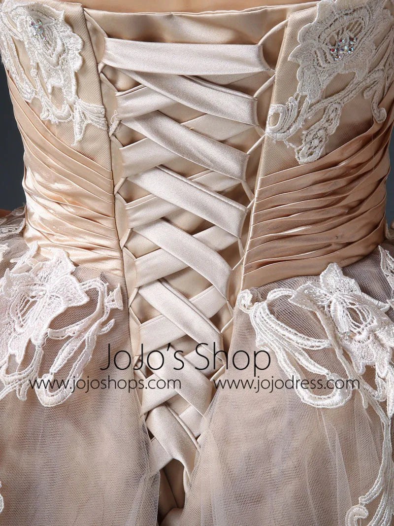 Strapless Mocha Tea Length Tulle Dress with Lace Top