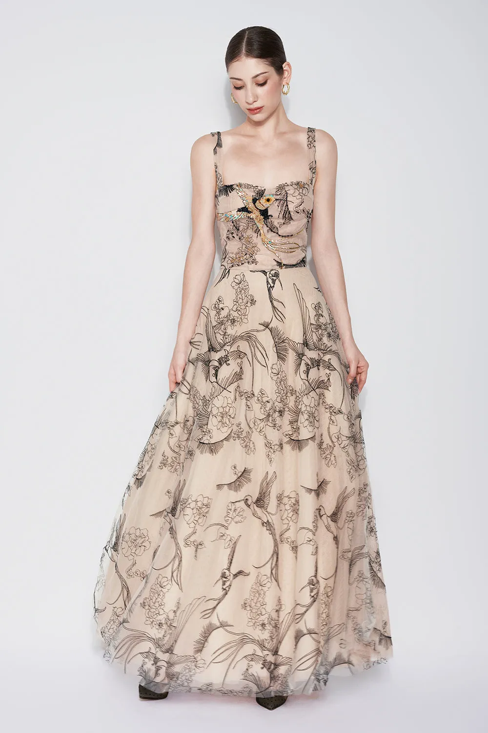 Timeless Crane A-line Semi-Heart Neck Tulle Maxi Dress
