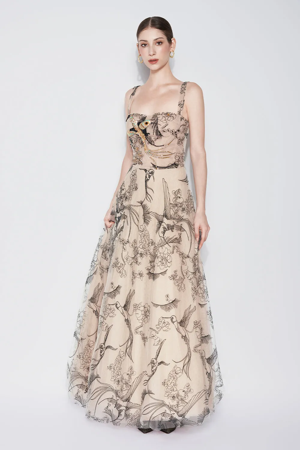 Timeless Crane A-line Semi-Heart Neck Tulle Maxi Dress