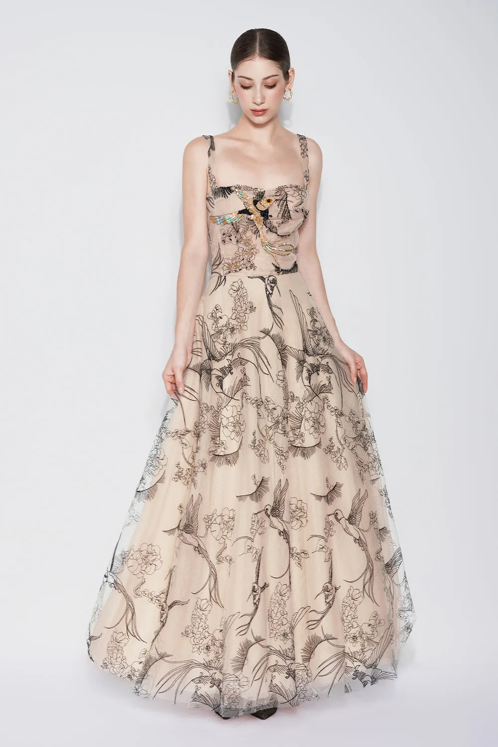 Timeless Crane A-line Semi-Heart Neck Tulle Maxi Dress