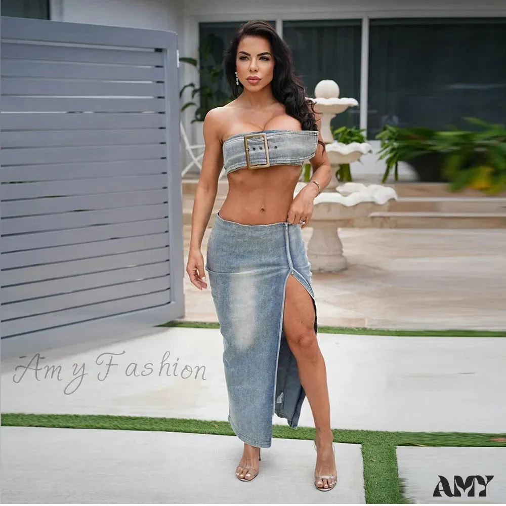Trendy Unique Vintage Denim Sexy Skirt Suit