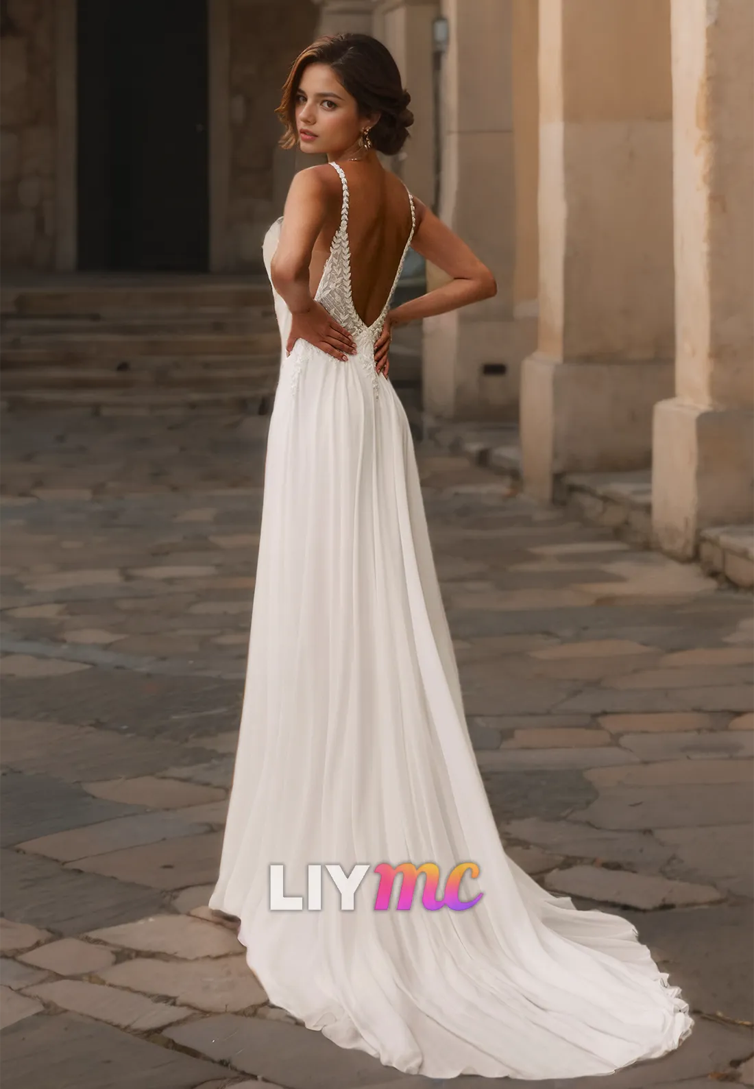 V-Neck Straps Appliques A-Line Wedding Dress