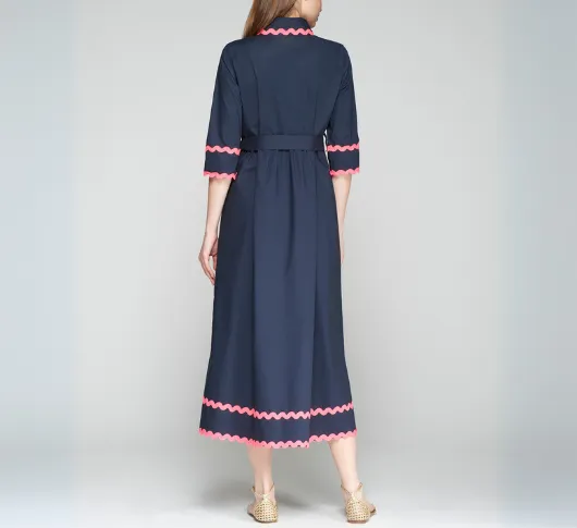 Vilagallo - 3/4 Sleeve Shirt Dress with Ric Rac Trim in Navy and Pink