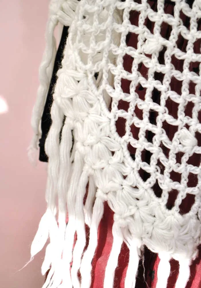 Vintage 60s White Boho Crochet Shawl Wrap with Tassels