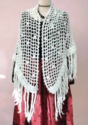Vintage 60s White Boho Crochet Shawl Wrap with Tassels