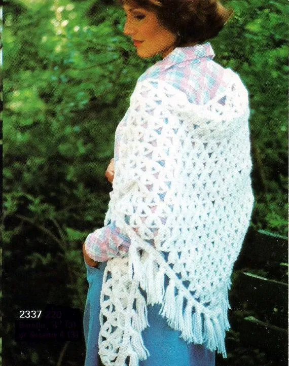 Vintage 60s White Boho Crochet Shawl Wrap with Tassels