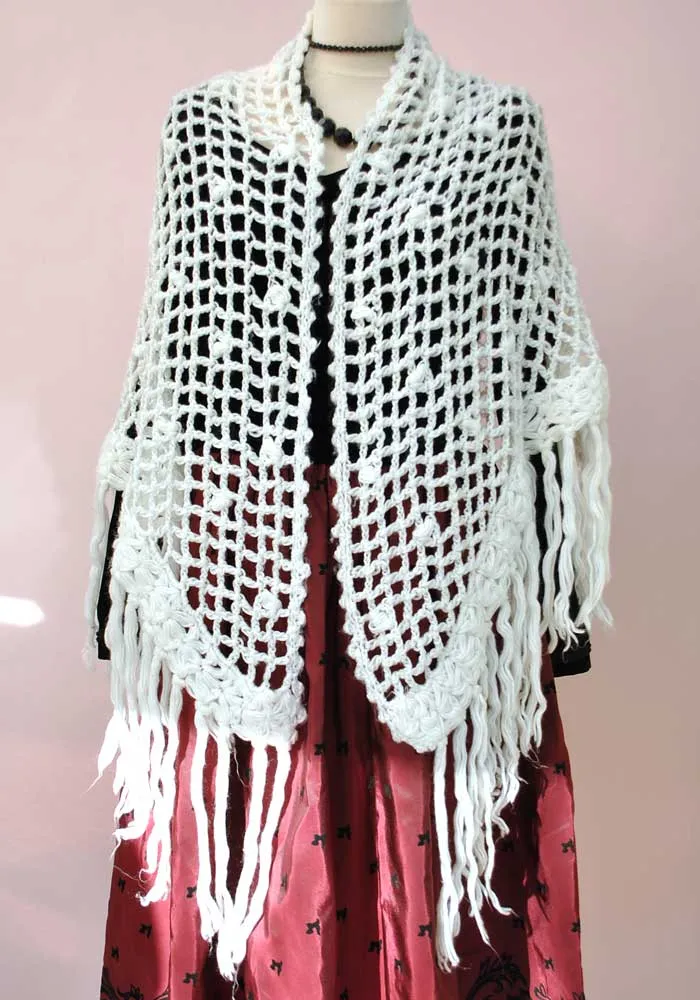 Vintage 60s White Boho Crochet Shawl Wrap with Tassels