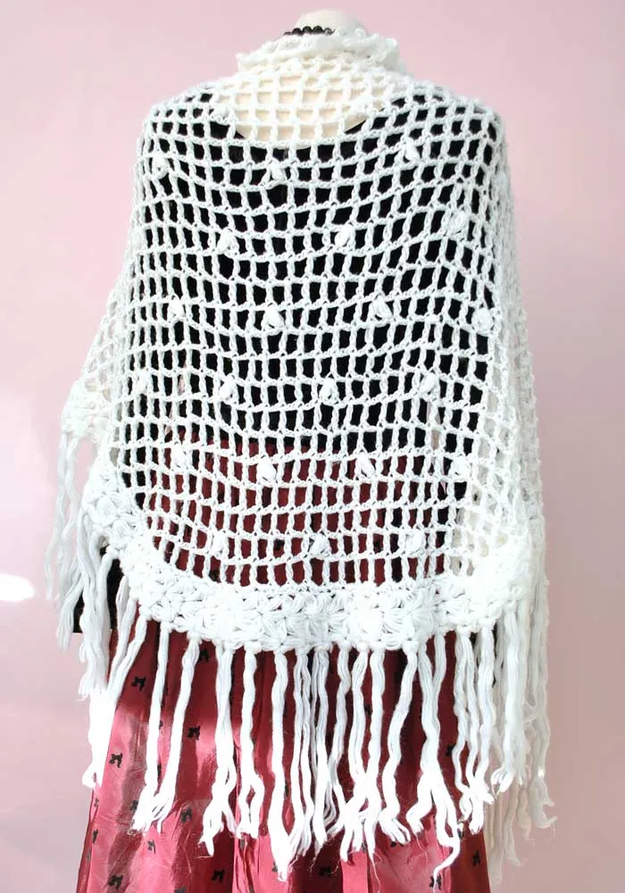 Vintage 60s White Boho Crochet Shawl Wrap with Tassels