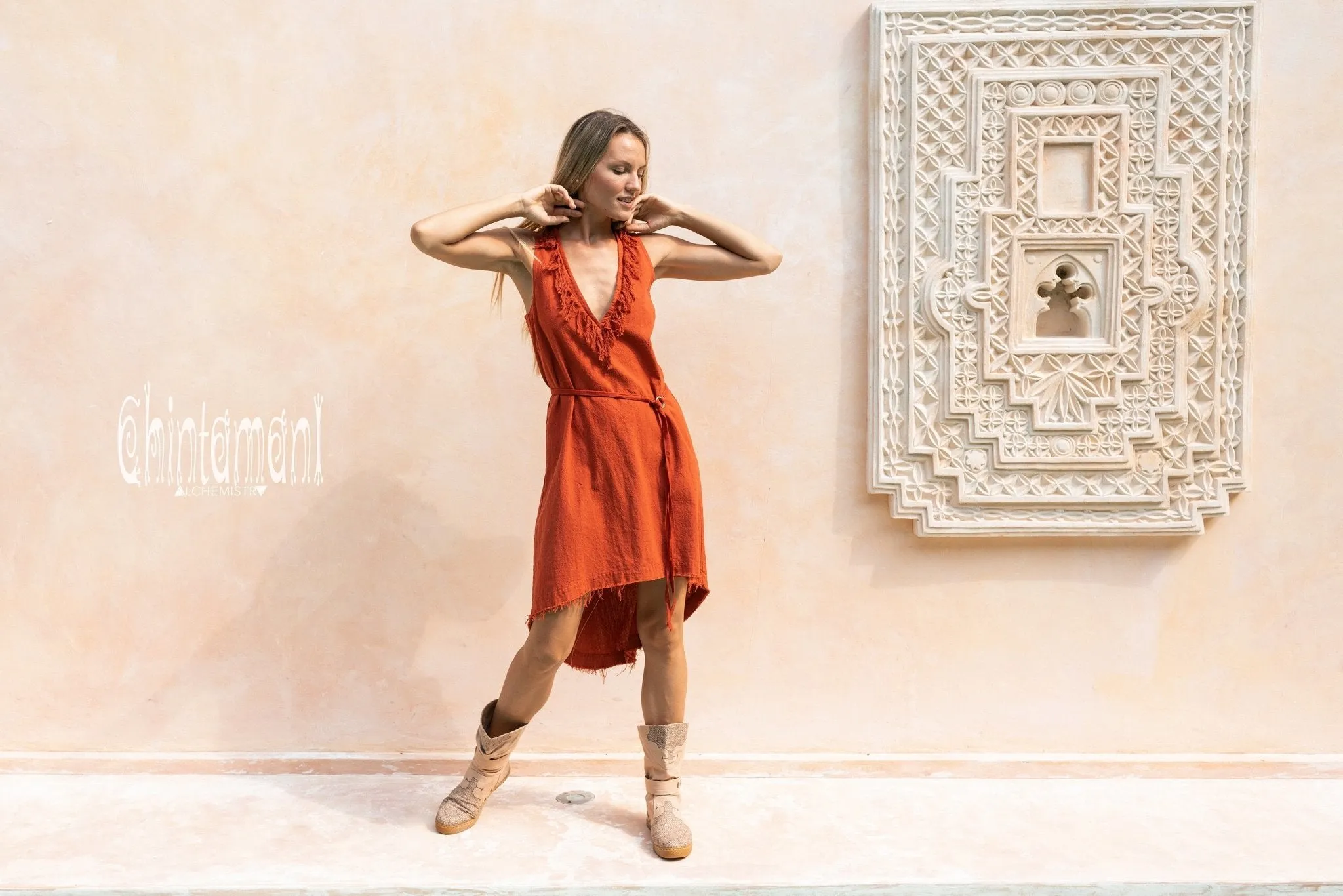 Vneck Raw Cotton Mini Tunic Dress with Belt and Fringes / Red Ochre