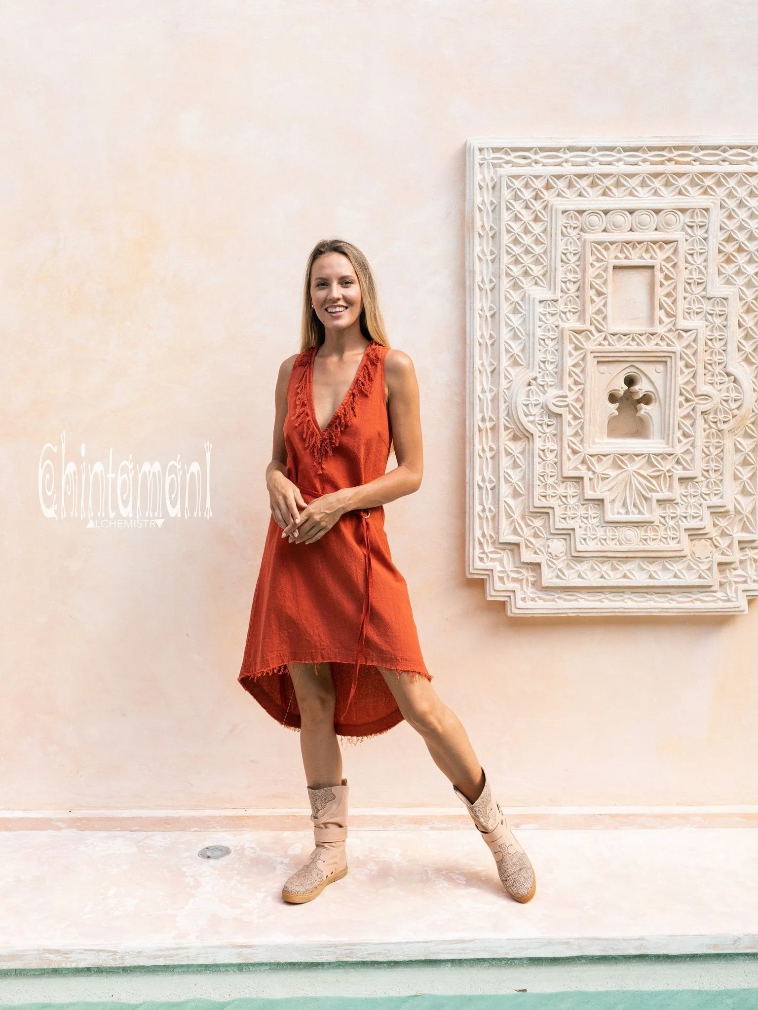 Vneck Raw Cotton Mini Tunic Dress with Belt and Fringes / Red Ochre