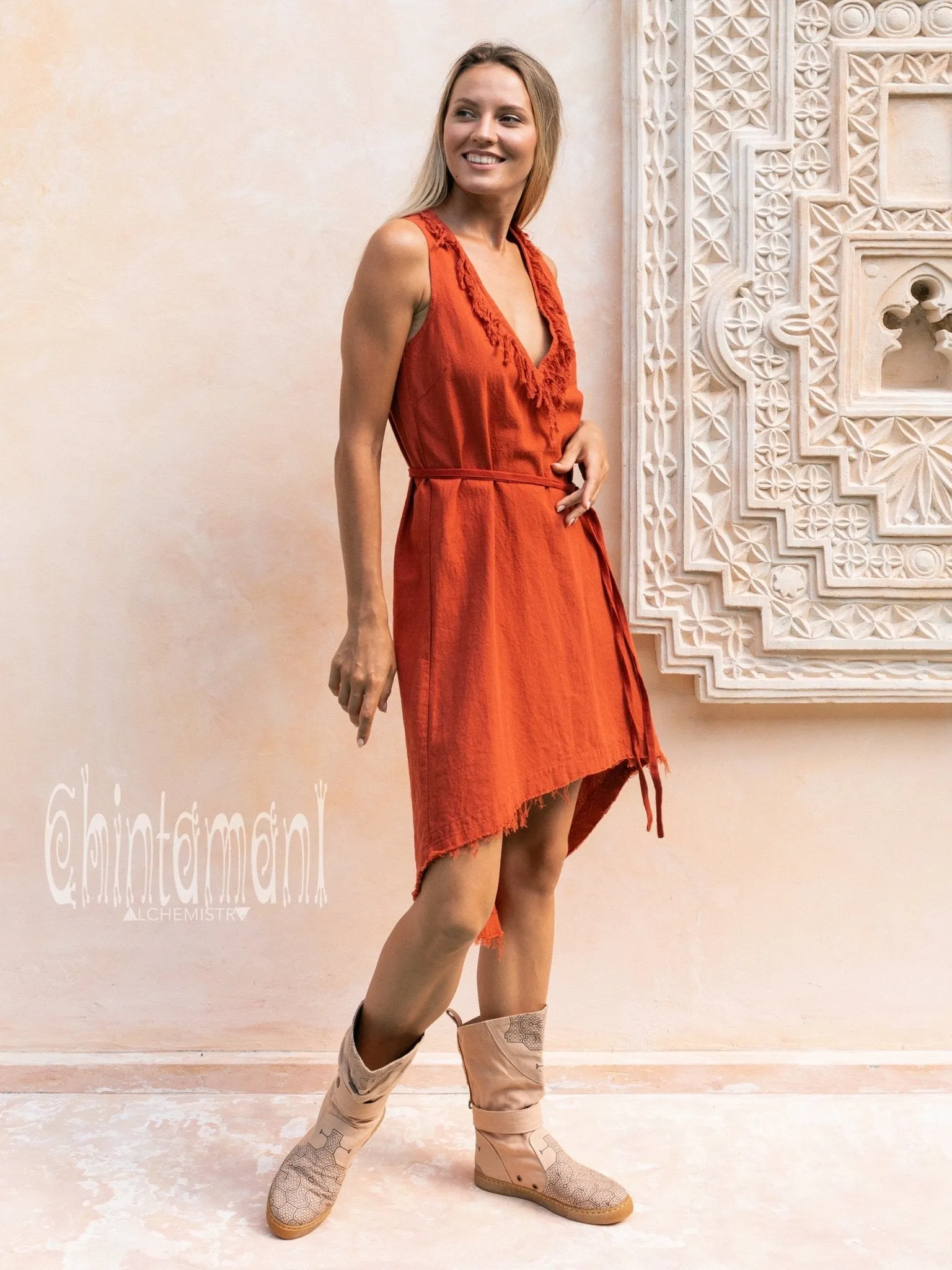Vneck Raw Cotton Mini Tunic Dress with Belt and Fringes / Red Ochre