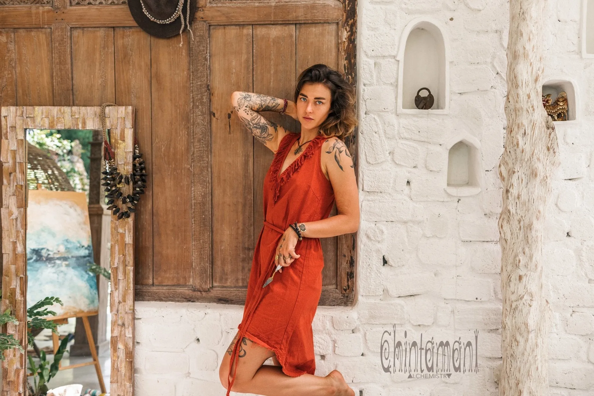 Vneck Raw Cotton Mini Tunic Dress with Belt and Fringes / Red Ochre