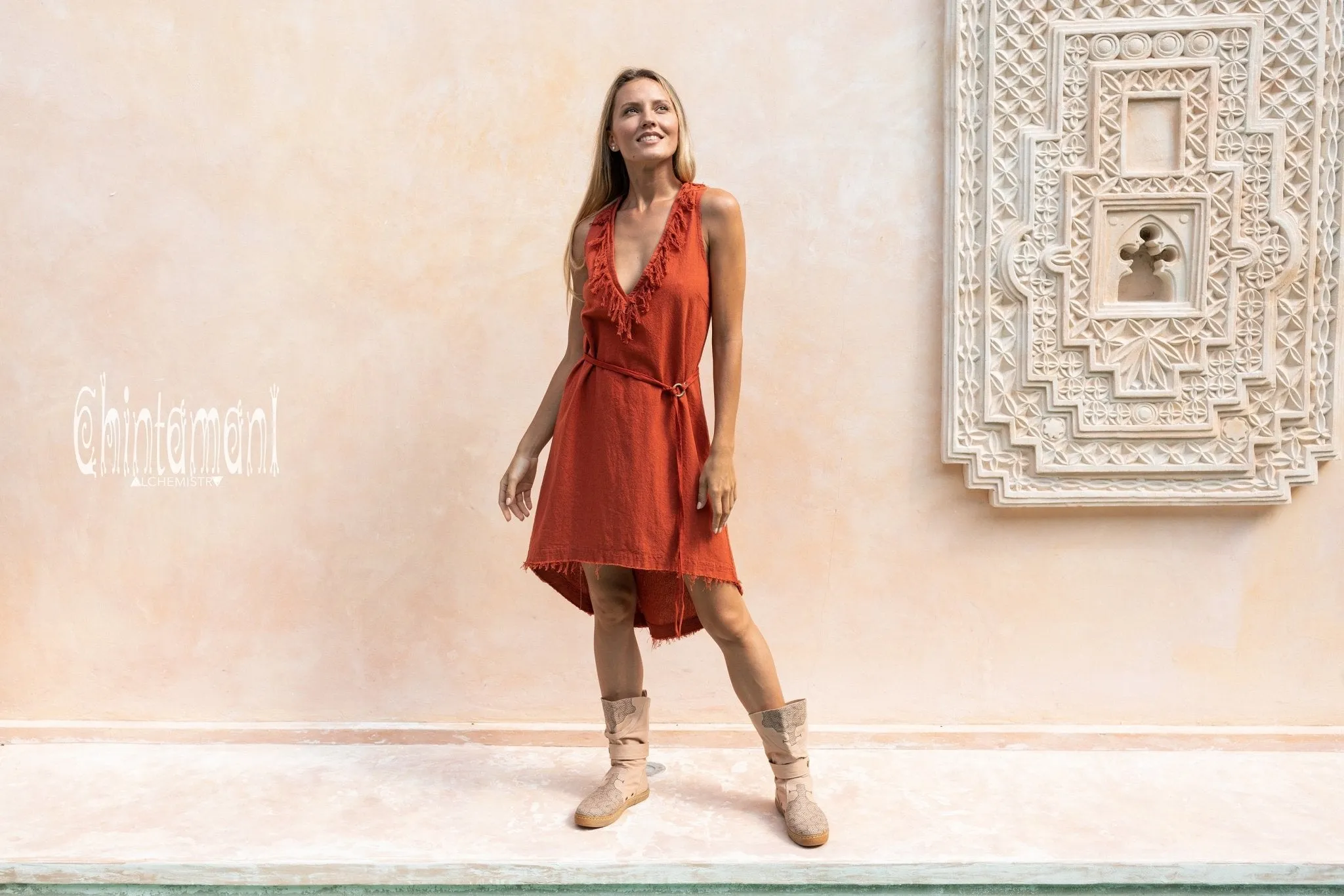 Vneck Raw Cotton Mini Tunic Dress with Belt and Fringes / Red Ochre